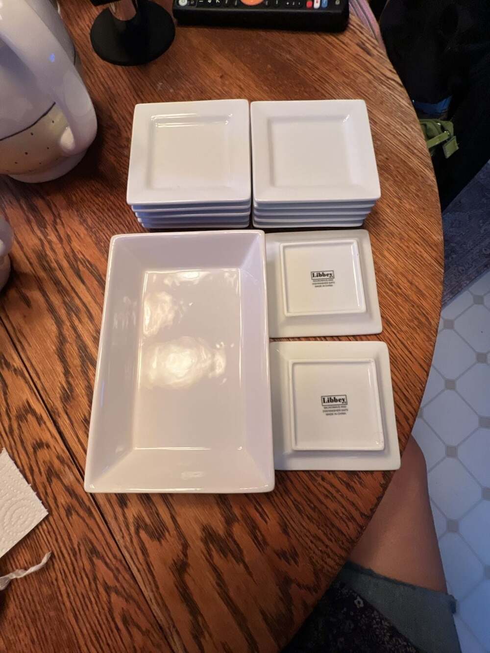Libbey White Porcelain Square Appetizer Plates and Rectangular Serving Dish Set